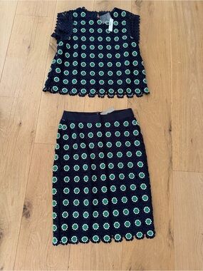 J. Crew Navy Crochet Floral Skirt Set with Green and White Accents